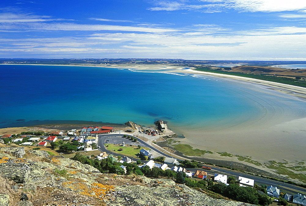 View south east across Sawyer Bay from 'The Nut' above the popular tourist town of Stanley, North West, Tasmania, Australia, Pacific