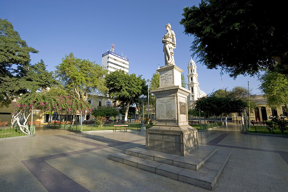 Statue commemorating popular president D. Jose Balta who died in a coup in 1872, in the Plaza de Armas of this vibrant commercial and historic centre in the north, Puira, Peru, South America
