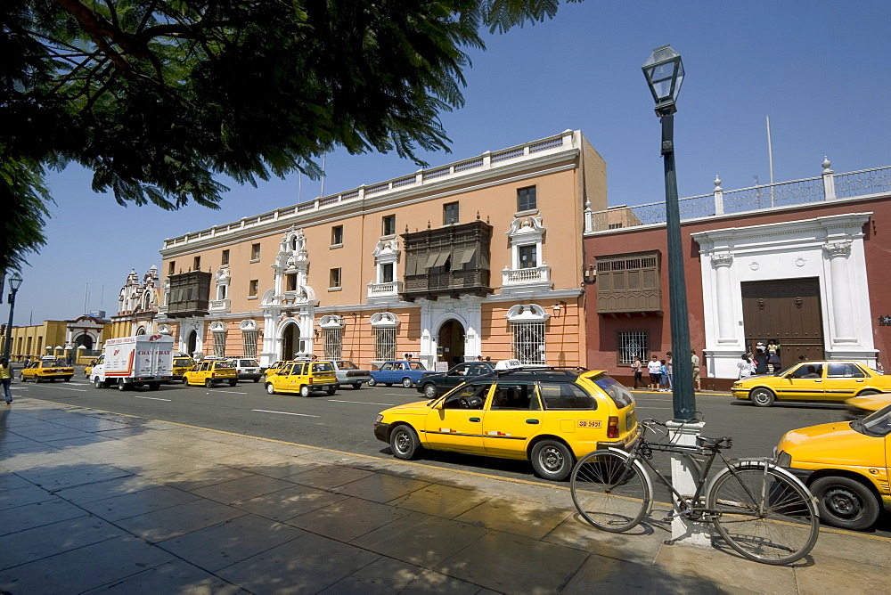 Colonial-style buildings on the Plaza de Armas in the capital of the north, Trujillo, Peru, South America.