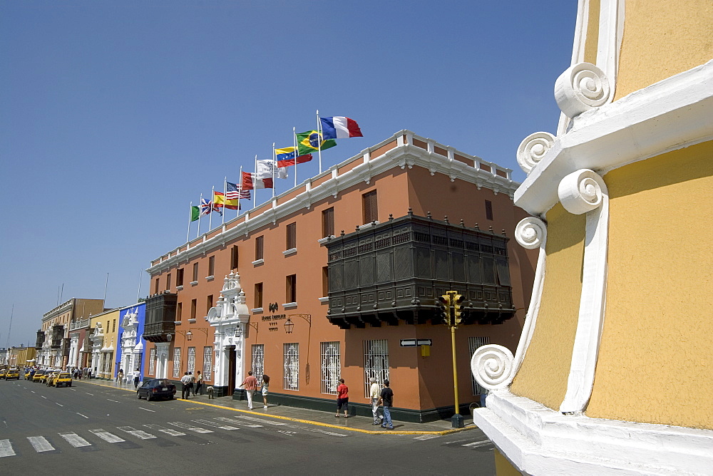 The colonial-style Hotel Libertador Trujillo on the Plaza de Armas in the capital of the north, Trujillo, Peru, South America.