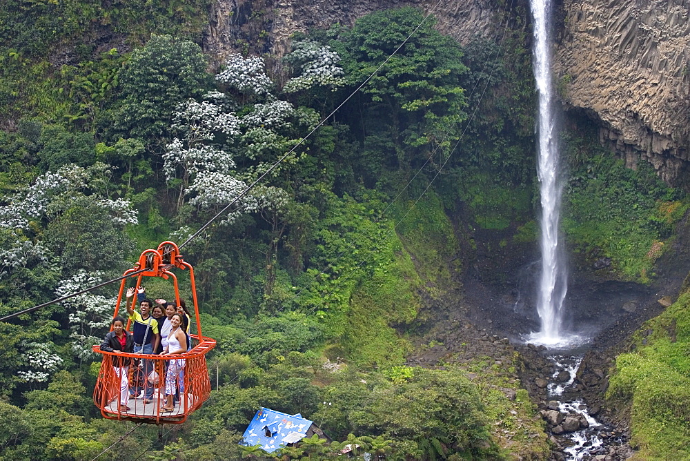 Cable car at the Rio Verde waterfall in the valley of the Pastaza River that flows from the Andes to the upper Amazon Basin, near Banos, Ambato Province, Central Highlands, Ecuador, South America