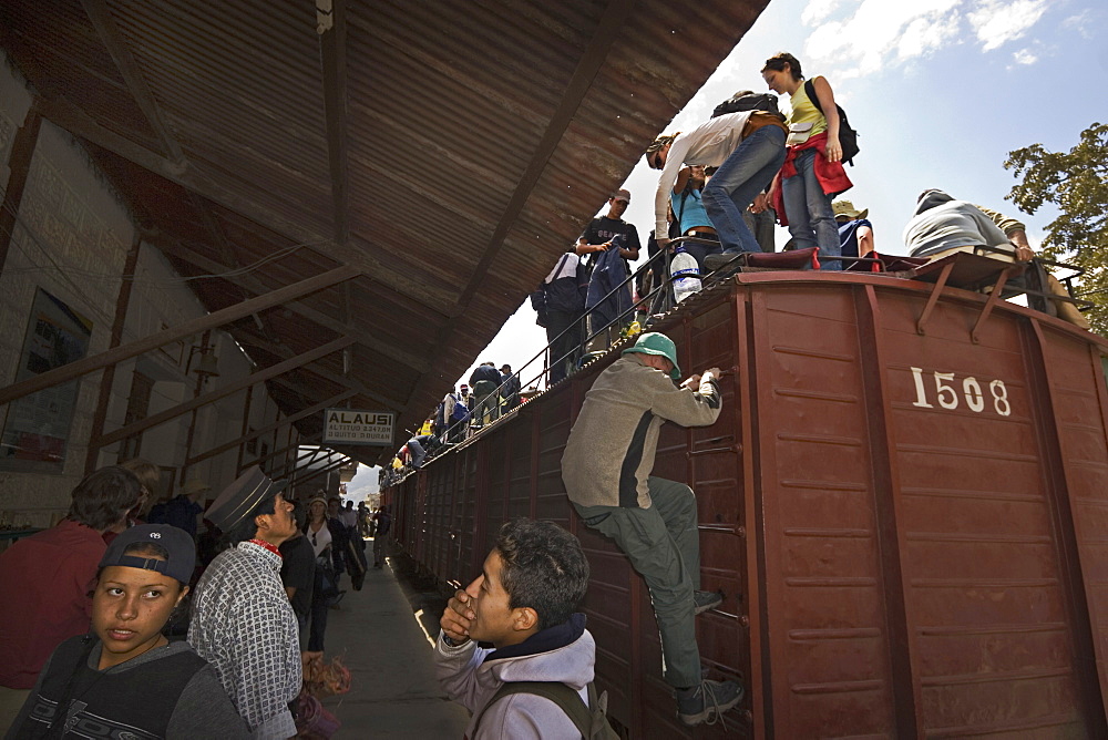 The famous train that travellers take to El Nariz del Diablo (The Devil's Nose) arrives at this busy market town, Alausi, Chimborazo Province, Central Highlands, Ecuador, South America