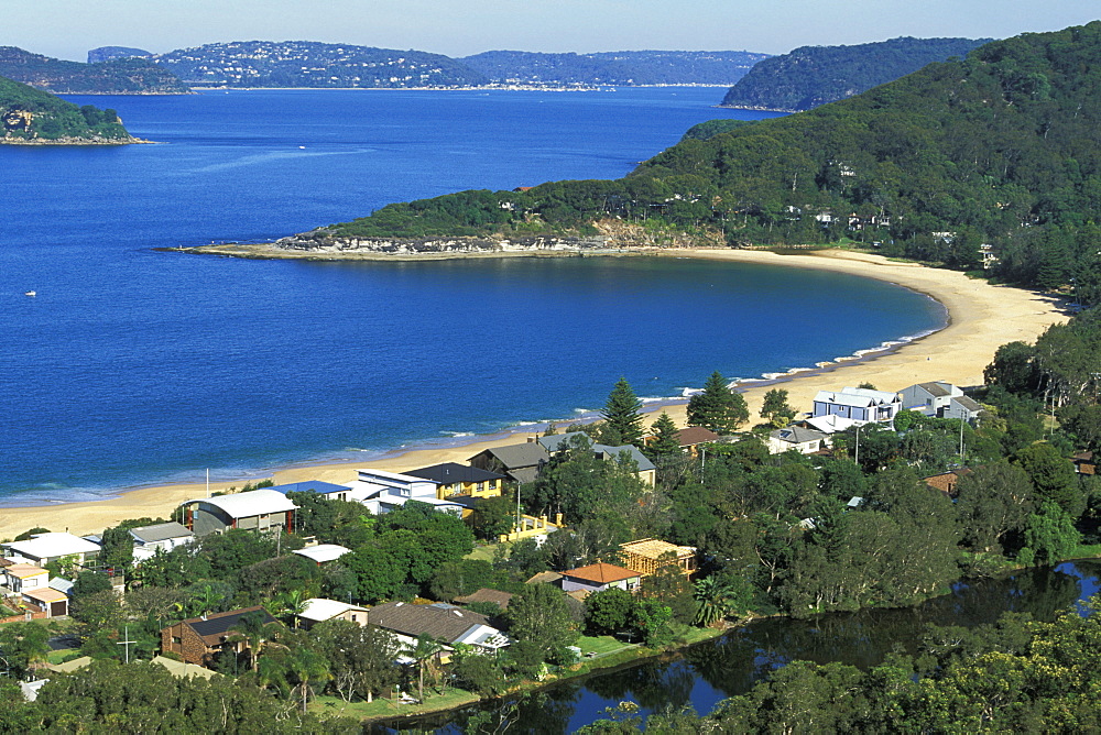 Looking south across Pearl Beach and Broken Bay towards the mouth of the Hawkesbury River and Pittwater, near Gosford, Central Coast, New South Wales, Australia, Pacific