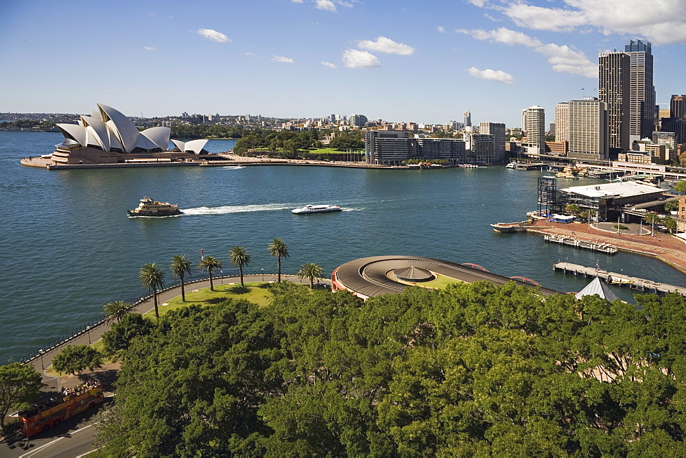 View from Harbour Bridge over Dawes Point to the Opera House and Circular Quay, the Sydney Ferries terminus and rail stop for the CBD and tourist centre, Sydney, New South Wales, Australia, Pacific