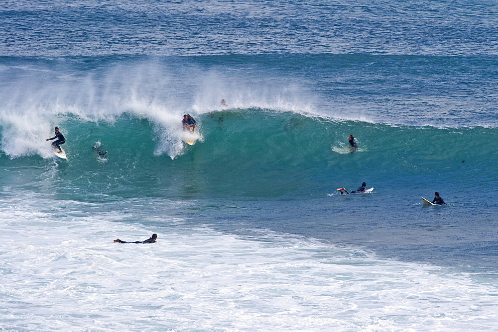 Surfers at Huzzawouie (Huzzas), a break at South Point, off Gracetown, north of Margaret River, Augusta-Margaret River Shire, Western Australia, Australia, Pacific