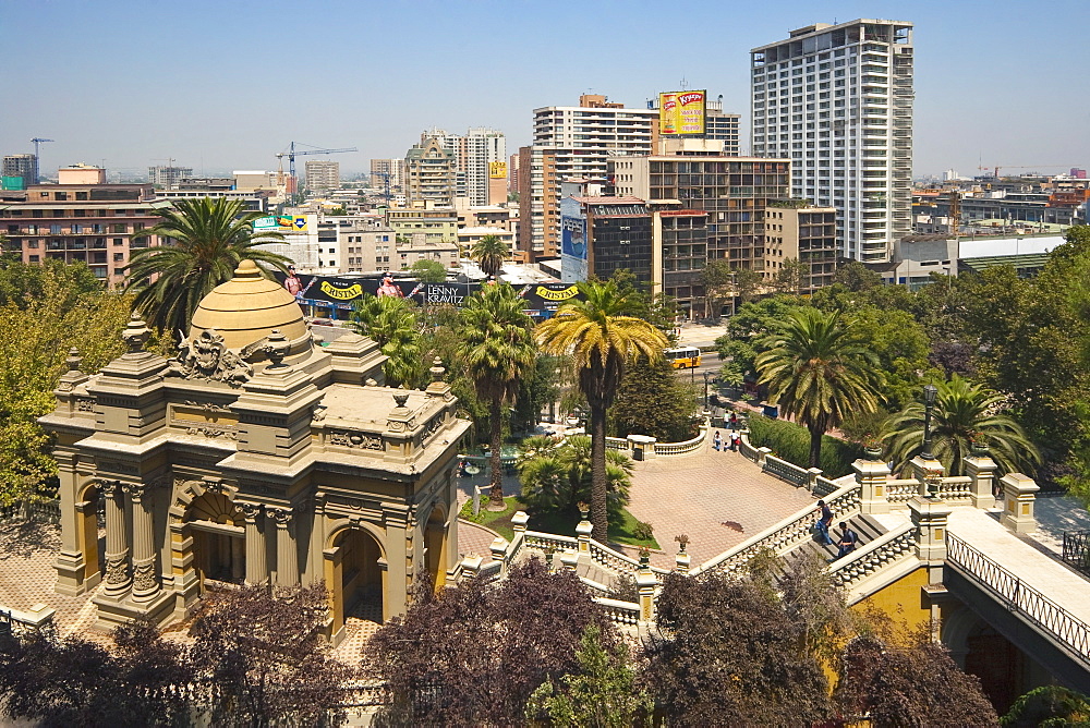 The ornate entrance gate to Santa Lucia Hill facing the major thoroughfare of Avenida Liberatador Bernardo O'Higgins in the heart of the capital, Santiago, Chile, South America