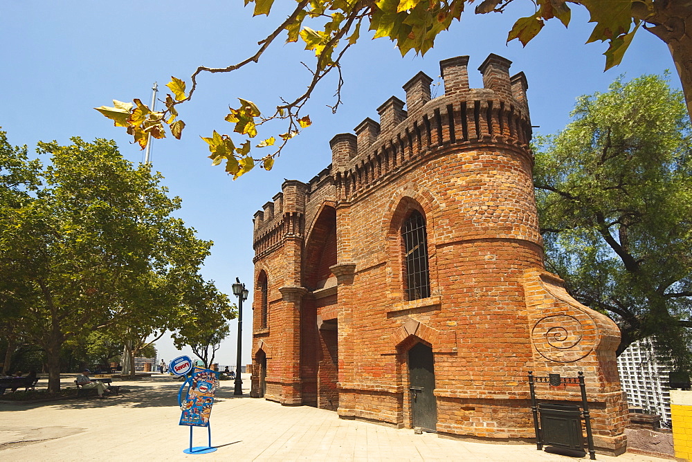 Gate and battlements of Castillo Hidalgo, formerly a defensive fort dating from 1816, now restored to a public area and events venue, Santa Lucia Hill, Santiago, Chile, South America