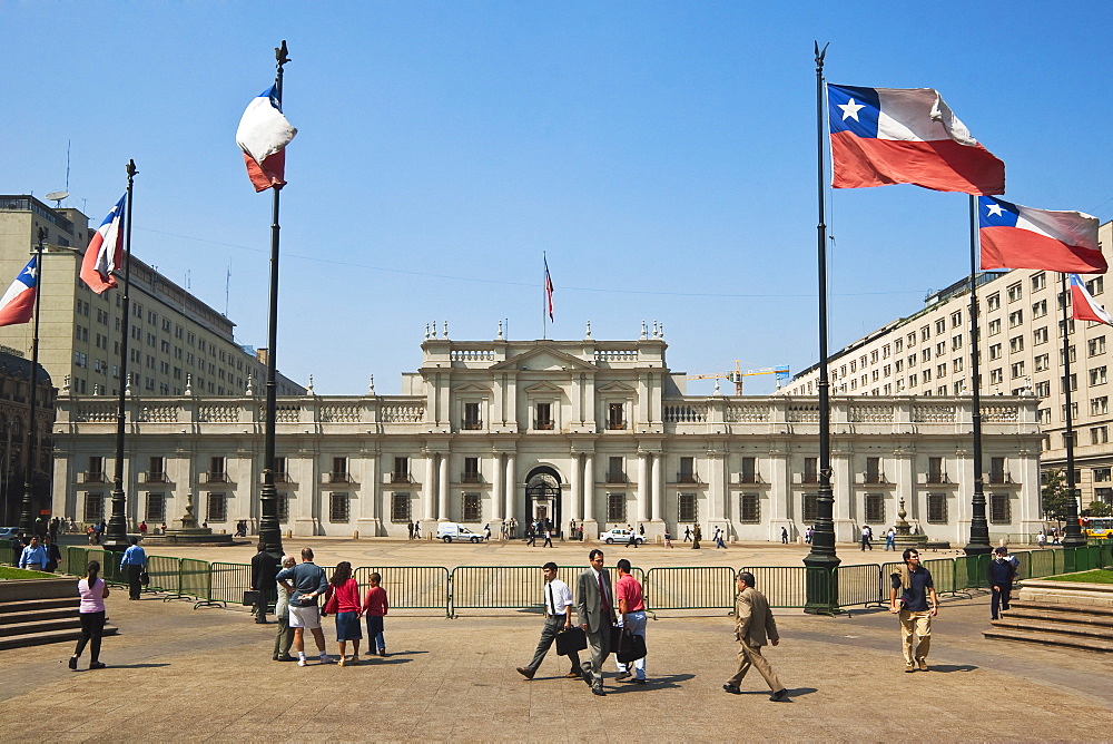 Plaza de La Constitucion and the Palacio de La Moneda, formerly a colonial mint, now the seat of the President, Civic District, Santiago, Chile, South America