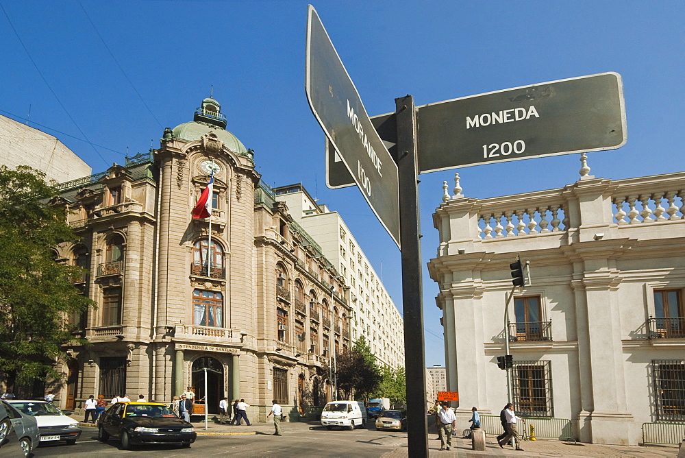 Junction of Morande and Moneda Streets at the Plaza de La Constitucion by the presidential palace, Palacio de La Moneda, Civic District, Santiago, Chile, South America