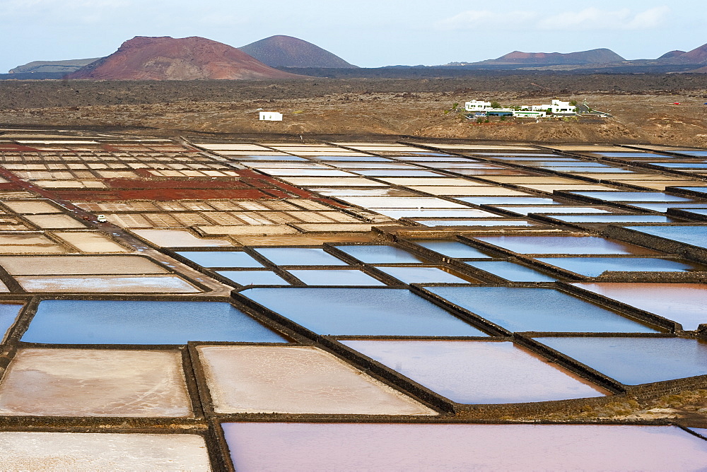 The only salt pans on the island still being worked, at Salinas de Janubio in the south, Salinas de Janubio, Teguise, Lanzarote, Canary Islands, Spain, Atlantic, Europe