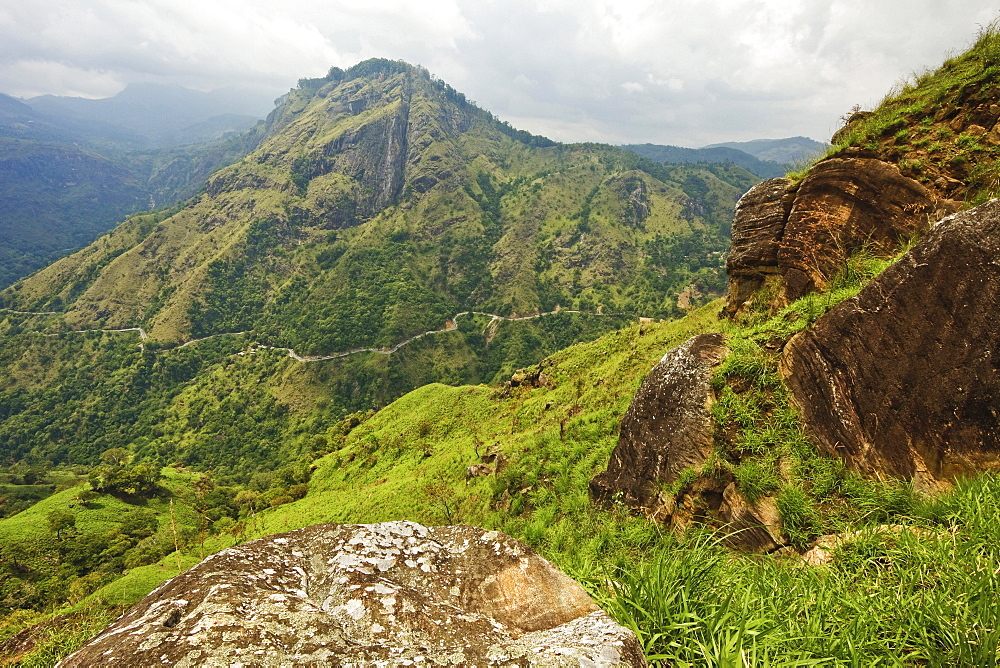 View from Little Adam's Peak across Ella Gap to Ella Rock and highway to the south coast, Ella, Central Highlands, Sri Lanka, Asia