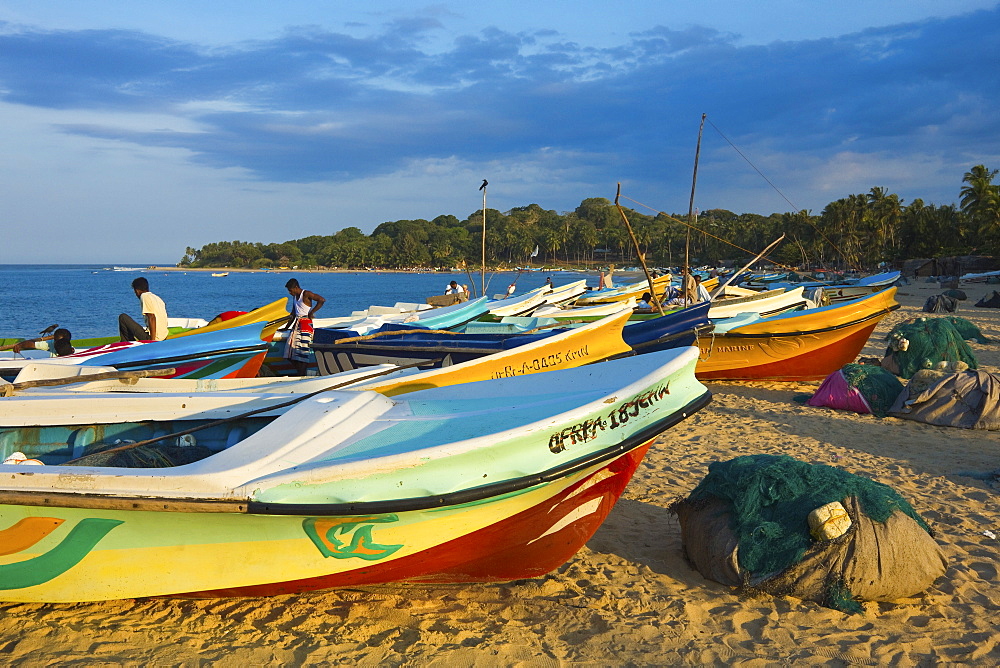 Newer post 2004 tsunami foreign-donated fishing boats on this popular surf beach, Arugam Bay, Eastern Province, Sri Lanka, Asia