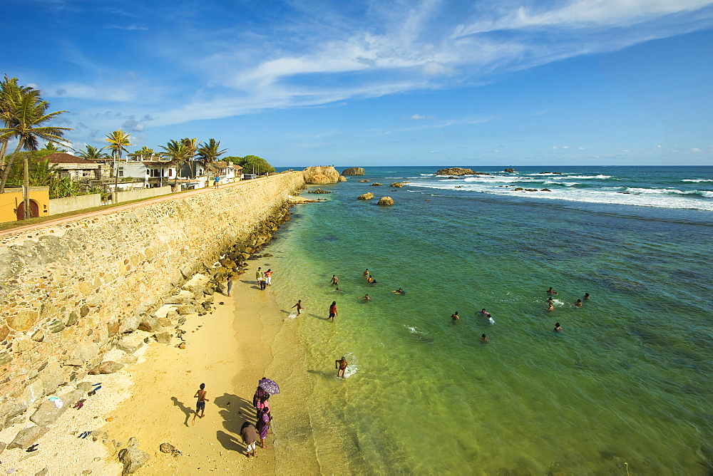 View along the rampart walls to Flag Rock, one of the former Portuguese bastions at the old Dutch Fort, UNESCO World Heritage Site, Galle, Sri Lanka, Asia