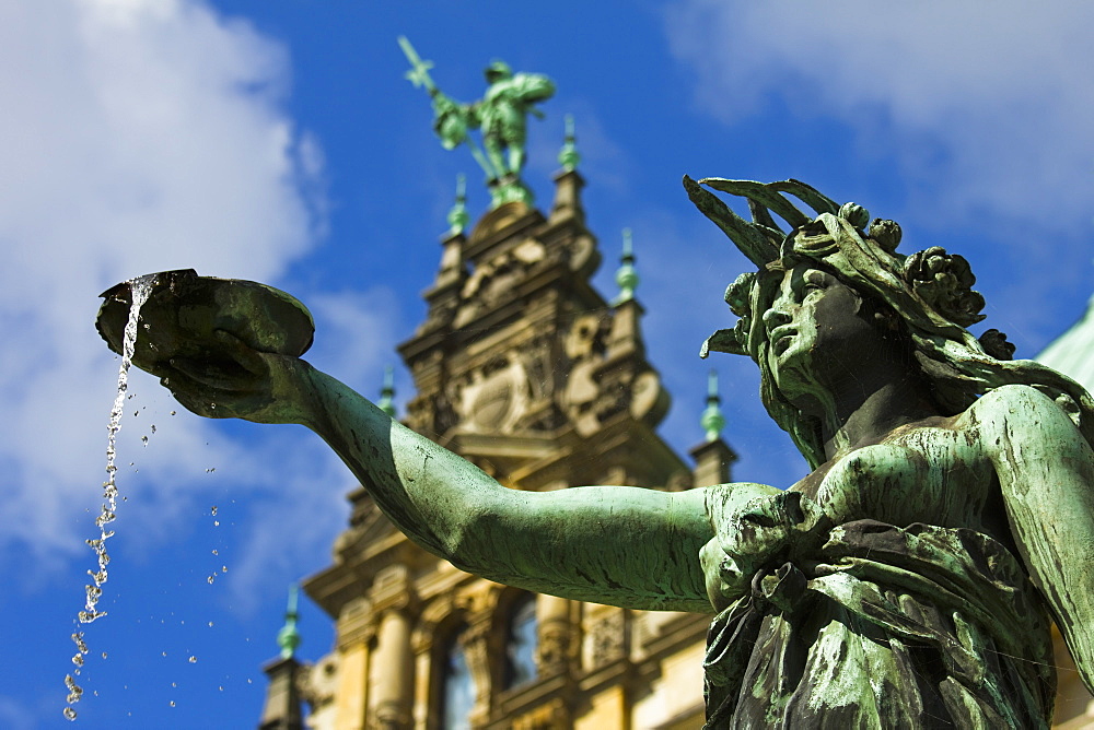 Neo-renaissance statue in a fountain at the Hamburg Rathaus (City Hall), opened 1886, Hamburg, Germany, Europe 