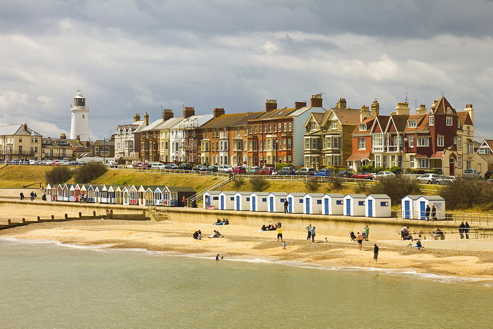 Seafront of this attractive town with the lighthouse, North Parade and the famously pricey beach huts, Southwold, Suffolk, England, United Kingdom, Europe