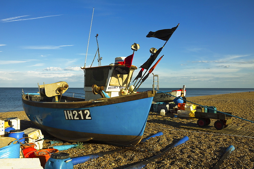 Fishing boat and nets on the seafront shingle beach of this popular unspoiled seaside town, Aldeburgh, Suffolk, England, United Kingdom, Europe