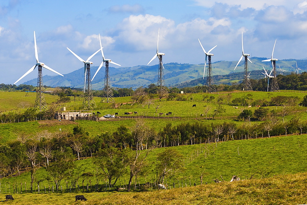 Some of the 55 20MW turbines at the Tilaran wind power farm in hills west of Arenal, Tilaran, Guanacaste Province, Costa Rica, Central America 