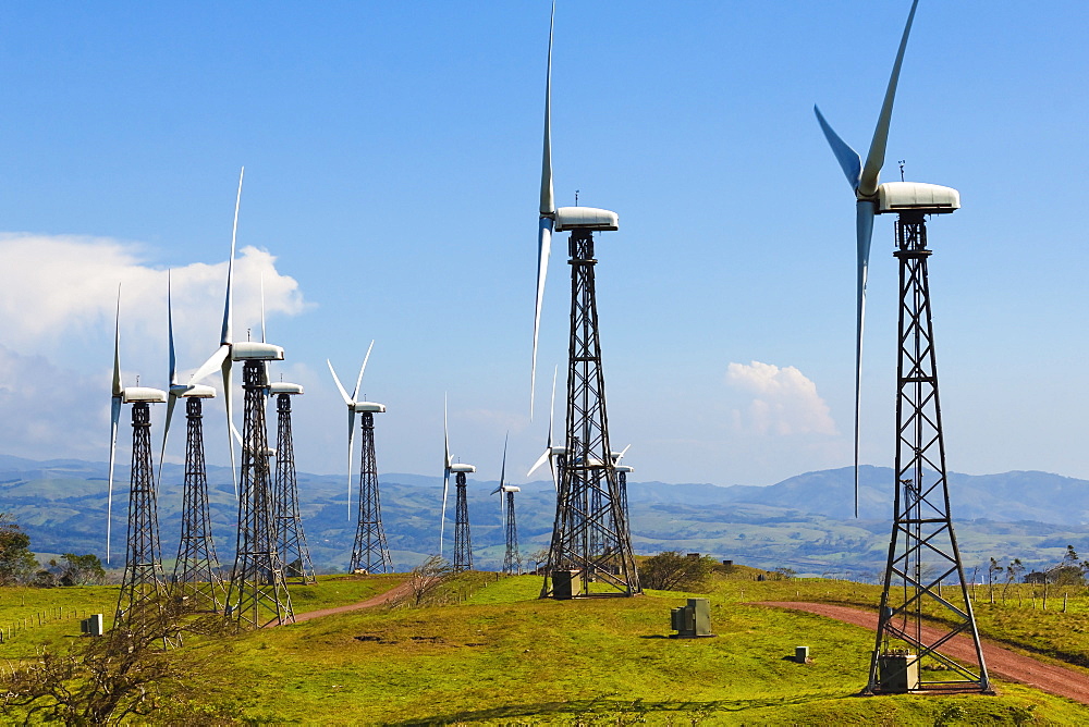 Some of the 55 20MW turbines at the Tilaran wind power farm in hills west of Arenal, Tilaran, Guanacaste Province, Costa Rica, Central America 