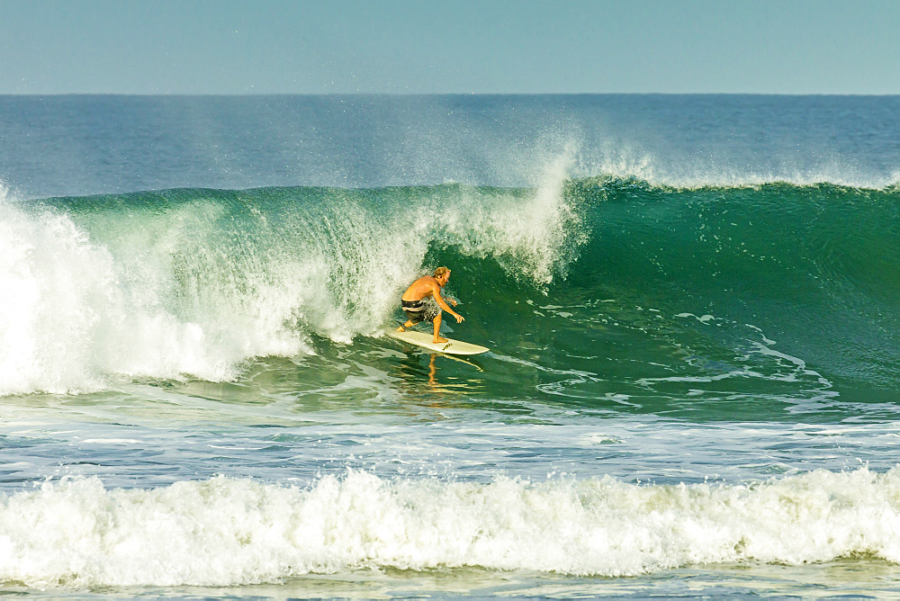 Surfer riding a wave at popular Playa Guiones surf beach, Nosara, Nicoya Peninsula, Guanacaste Province, Costa Rica, Central America