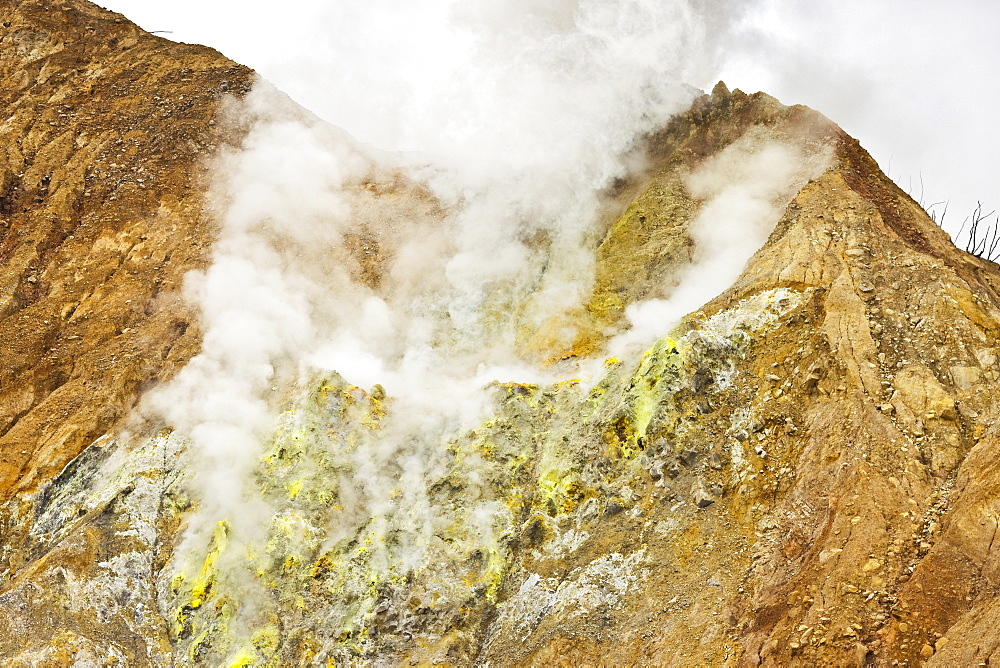 Sulphur encrusted fumaroles at Papandayan Volcano, an active four crater caldera, Garut, West Java, Java, Indonesia, Southeast Asia, Asia             