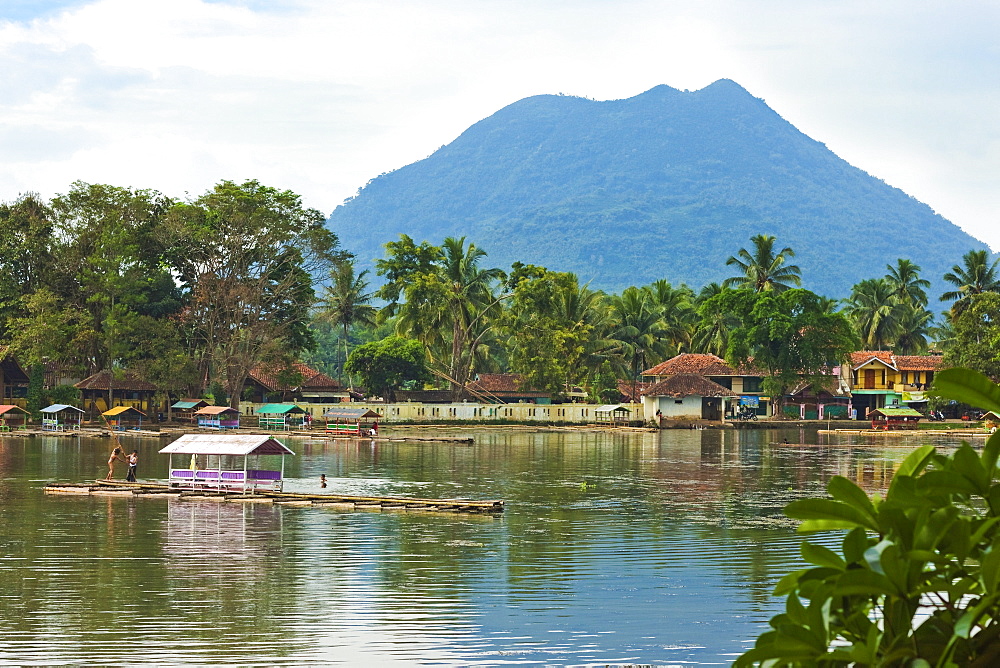 Volcanic cone and Situ Cangkuang lake by this village, known for its Hindu temple, Kampung Pulo, Garut, West Java, Indonesia, Southeast Asia, Asia