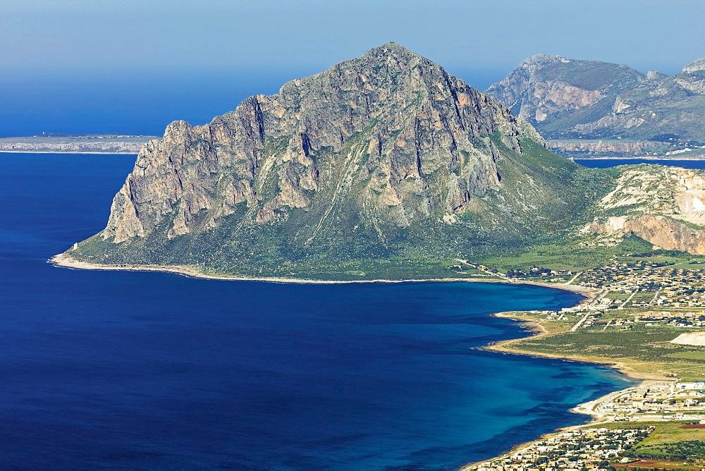 The 659m limestone Monte Cefano, Nature Reserve and hiking and climbing spot, juts into the sea northeast of Trapani, Custonaci, Sicily, Italy, Mediterranean, Europe