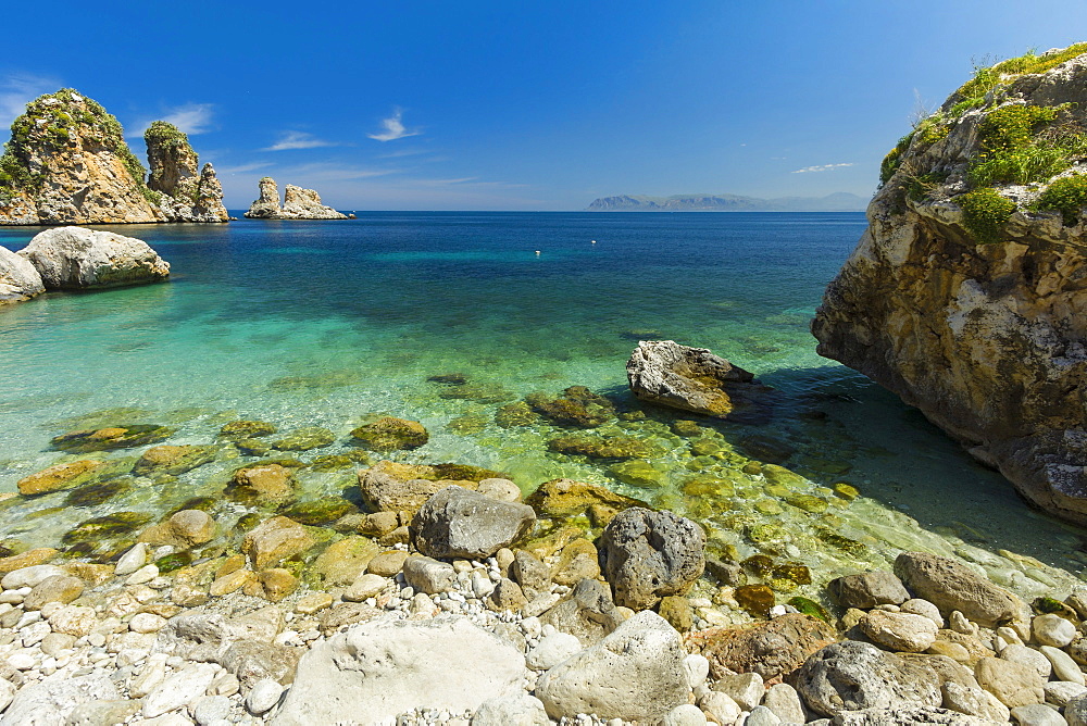 Lovely limestone cove at the Tonnara di Scopello, an old tuna fishery and now a popular beauty spot, Scopello, Trapani, Sicily, Mediterranean, Europe