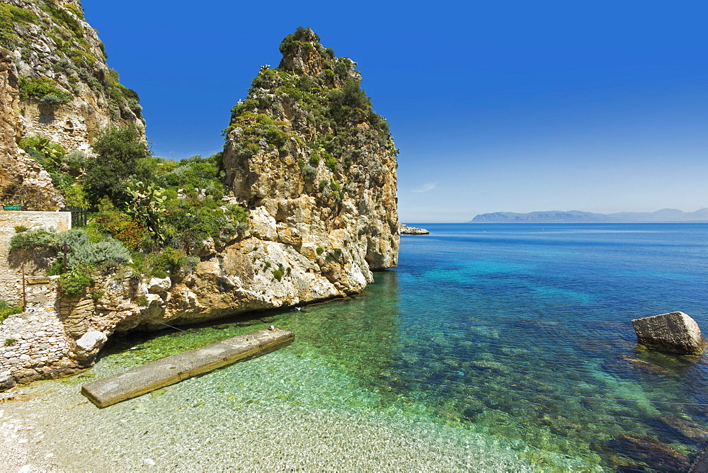 Lovely limestone cove at the Tonnara di Scopello, an old tuna fishery and now a popular beauty spot, Scopello, Trapani, Sicily, Mediterranean, Europe