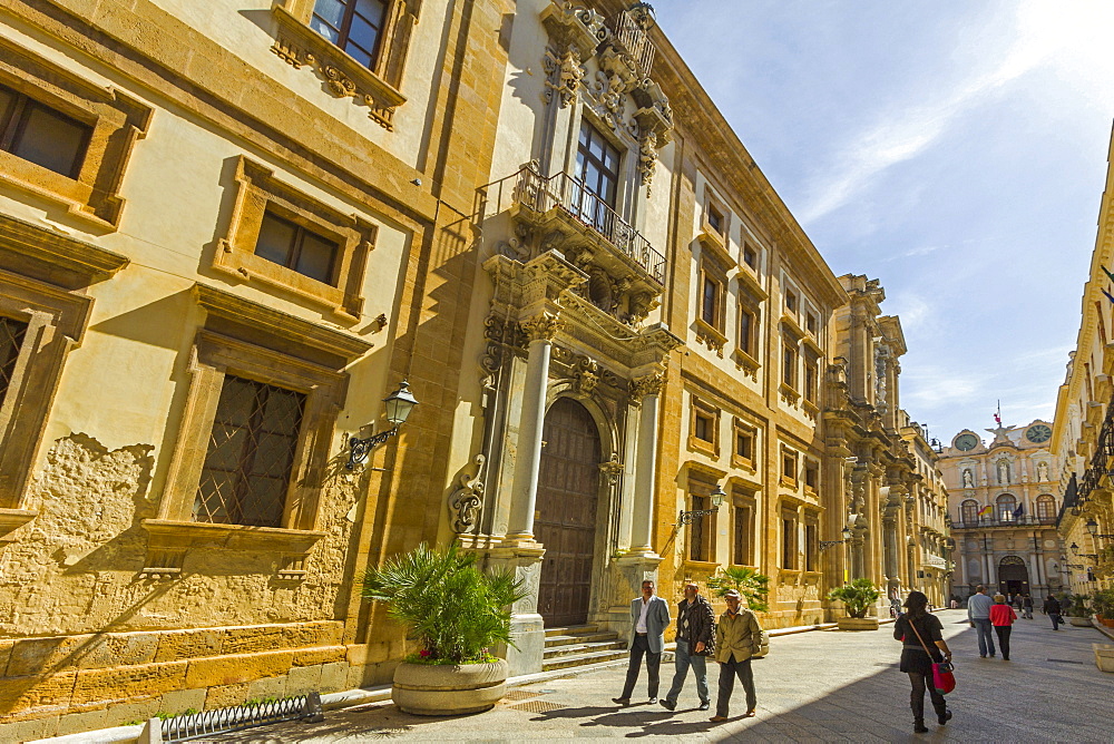 Historic Corso Vittorio Emanuele II leading to the Palazzo Cavarretta on the right in this northwest port city, Trapani, Sicily, Italy, Europe