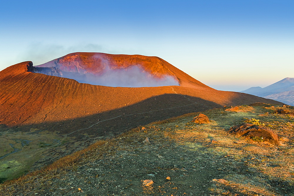 Smoking 700m wide crater of Volcan Telica in the North West volcano chain, one of the country's most active volcanoes, Leon, Nicaragua, Central America