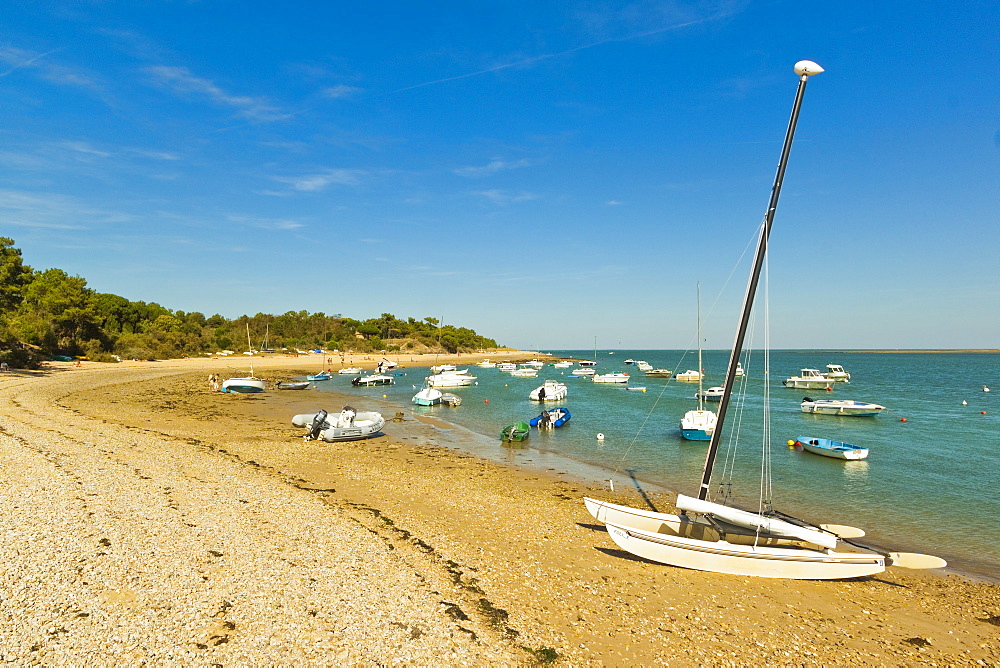 Boats moored in the entrance to Fier d Ars by the beach at La Patache, Les Portes-en-Re, Ile de Re, Charente-Maritime, France, Europe