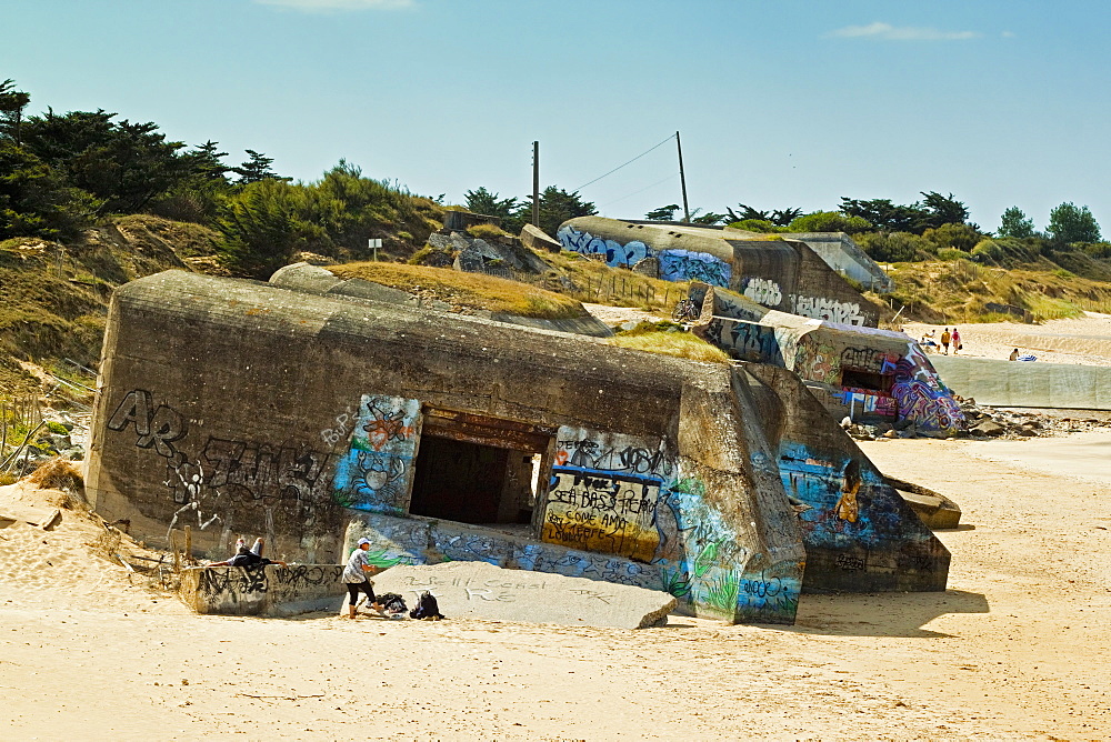 German WWII bunkers, La Plage de la Conche des Baleines on islands NW coast. Le Gillieux, Ile de Re, Charente-Maritime, France, Europe