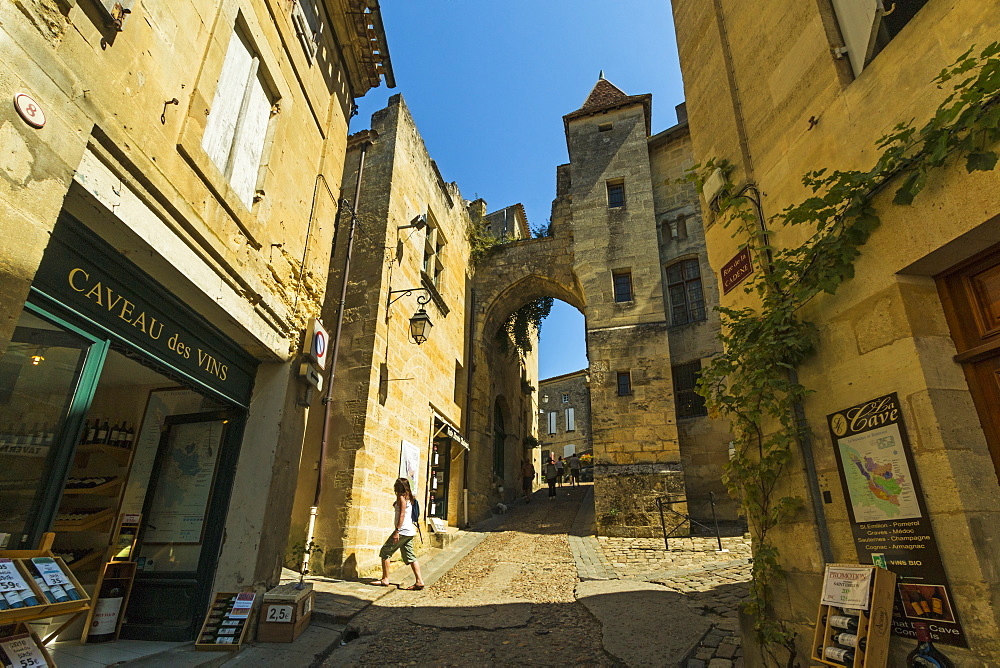 Cave wine shops on Rue de la Cadene in this historic town and famous Bordeaux red wine region, Saint Emilion, Gironde, France, Europe