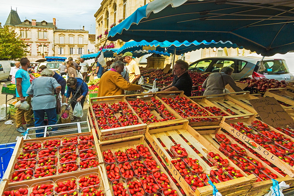 Strawberry stall in town hall square on market day in this old bastide town, Sainte-Foy-la-Grande, Gironde, Aquitaine, France, Europe