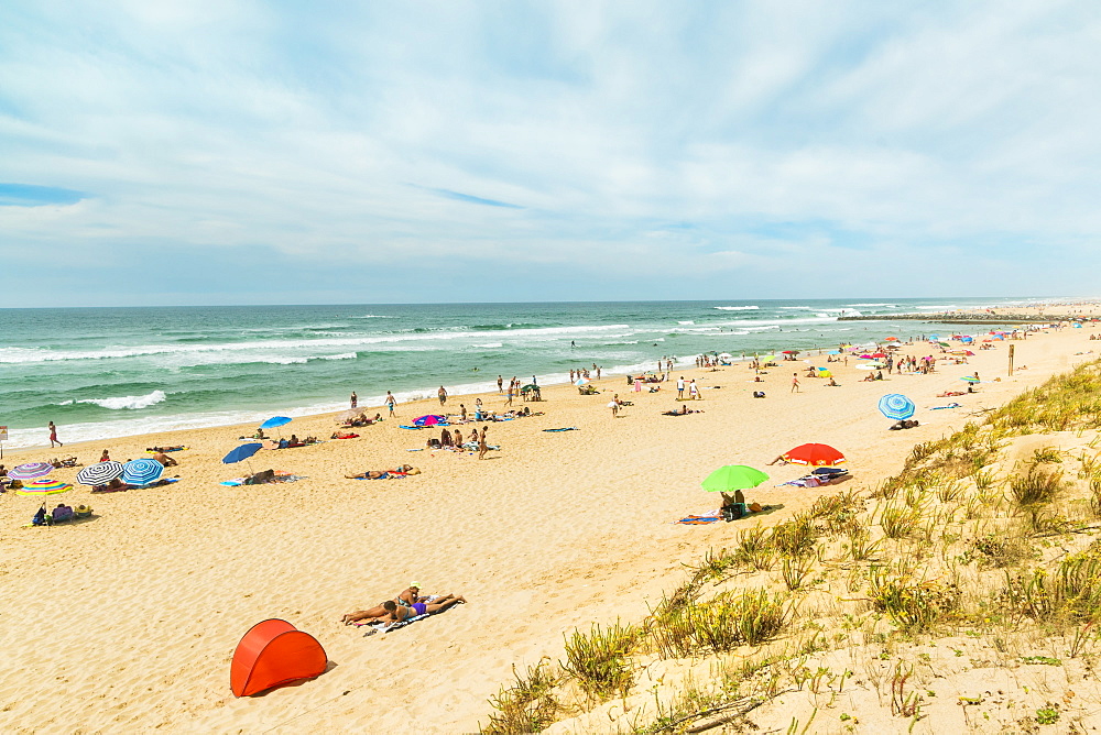 Summer crowds on the popular surf beach at Mimizan, south west of Bordeaux, Mimizan-Plage, Landes, Nouvelle-Aquitaine, France, Europe