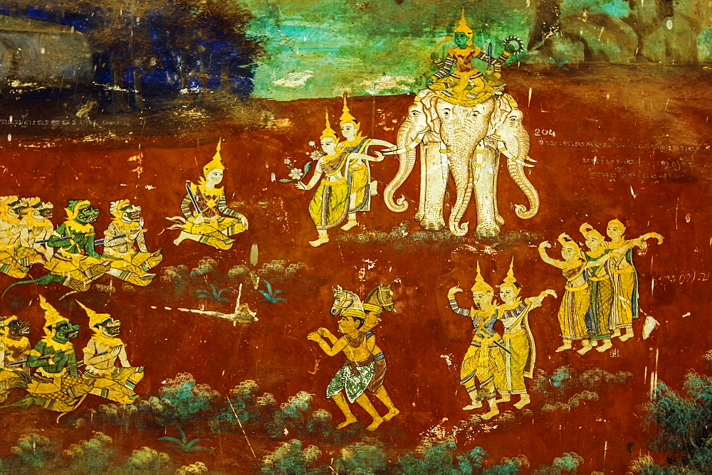 Fresco of the Reamker, the Khmer version of the Ramayana epic poem, Royal Palace cloisters, Royal Palace, Phnom Penh, Cambodia, Indochina, Southeast Asia, Asia