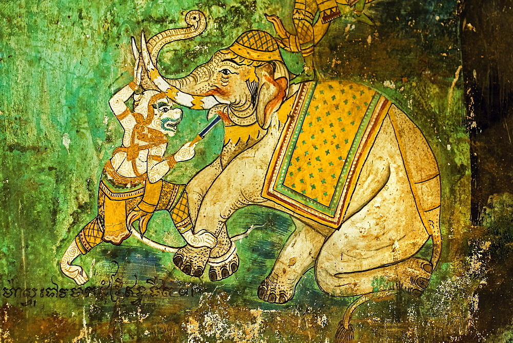 Fresco of the Reamker, the Khmer version of the Ramayana epic poem, Royal Palace cloisters, Royal Palace, Phnom Penh, Cambodia, Indochina, Southeast Asia, Asia