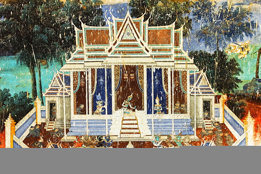 Fresco of the Reamker, the Khmer version of the Ramayana epic poem, Royal Palace cloisters, Royal Palace, Phnom Penh, Cambodia, Indochina, Southeast Asia, Asia