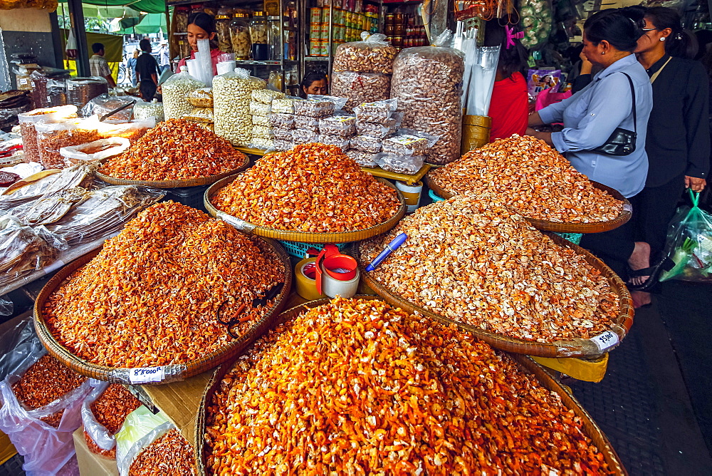 Piles of dried shrimp for sale at stall in this huge old market, Central Market, city centre, Phnom Penh, Cambodia, Indochina, Southeast Asia, Asia