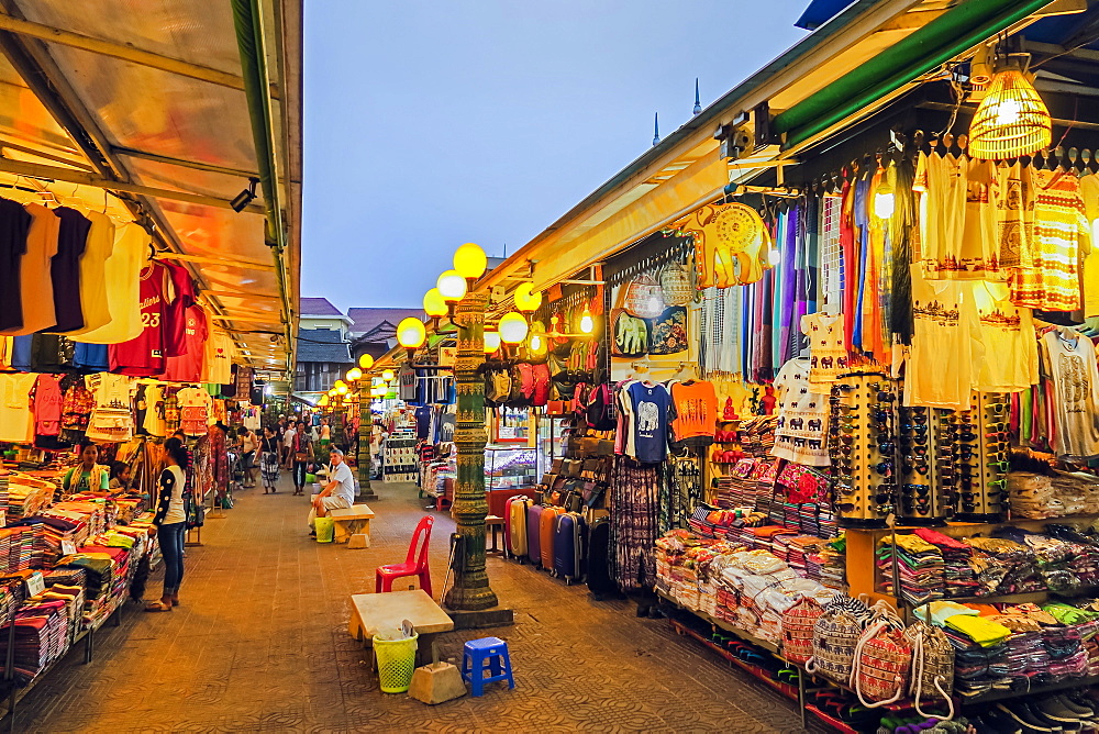 Stalls of tourist souvenirs in the Art Center Night Market in the centre of this north west tourist town, Siem Reap, Cambodia, Indochina, Southeast Asia, Asia