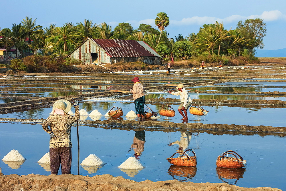 Piles of salt and workers harvesting the salt fields around the Praek Tuek Chhu River estuary south of the city, Kampot, Cambodia, Indochina, Southeast Asia, Asia