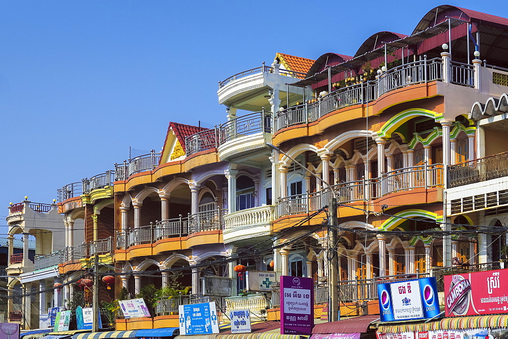 Residential properties above busy Street AH123 near the central market, Kampot, Kampot Province, Cambodia, Indochina, Southeast Asia, Asia