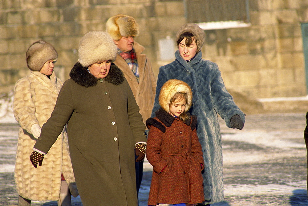 Family group all wearing fur hats, Moscow, Russia, Europe