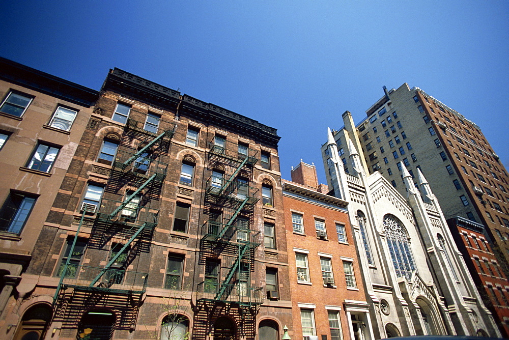 Street with tenements and church, Greenwich Village, Manhattan, New York City, United States of America, North America