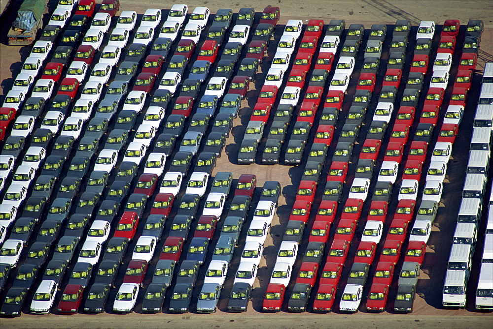 Aerial of cars lined up on the docks at the port of Salerno in Campania, Italy, Europe