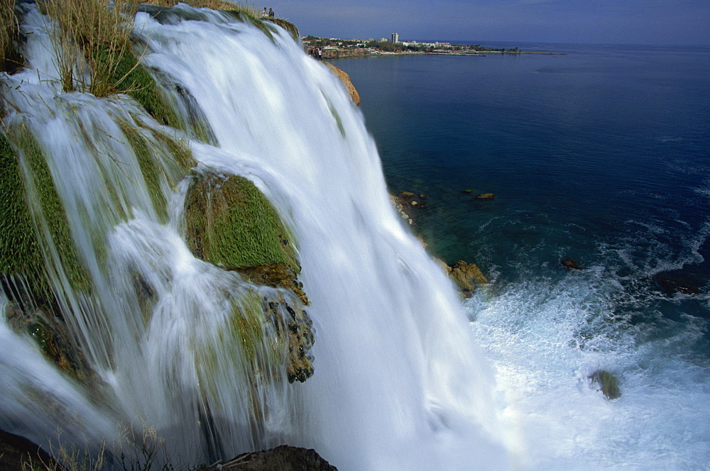 The Lower Duden Falls plunging into the sea 10km east of Antalya, Anatolia, Turkey, Asia Minor, Eurasia