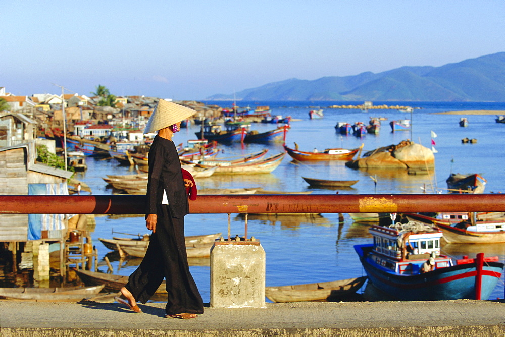 Woman on Xom Bong Bridge, Nha Trang, Vietnam, Asia