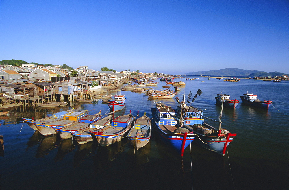 Colourful fishing boats in mouth of the Cai River, Nha Trang, Vietnam, Indochina, Southeast Asia, Asia