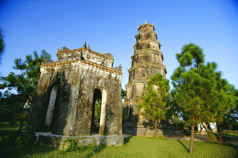 The 21m octagonal tower of the Thien Mu Pagoda by the Perfume River near Hue, Vietnam, Indochina, Southeast Asia, Asia