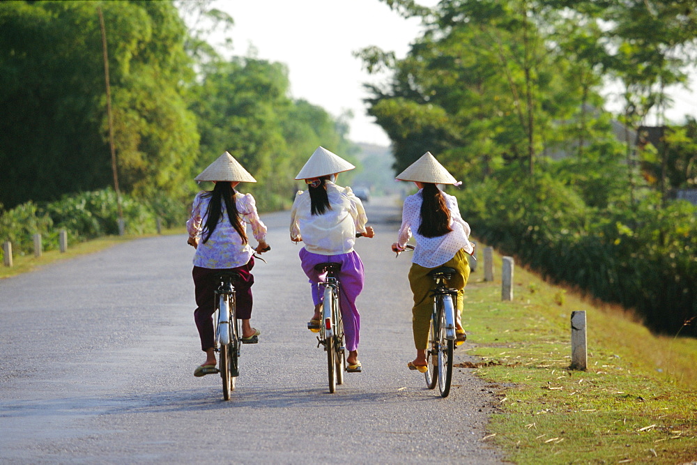 Three girls in conical hats cycling on rural road north of Hanoi, Bac Thai Province, Vietnam, Indochina, Southeast Asia, Asia